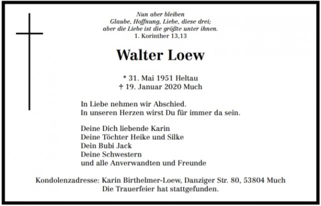 Loew Walter 1951-2020 1933-2019 Todesanzeige